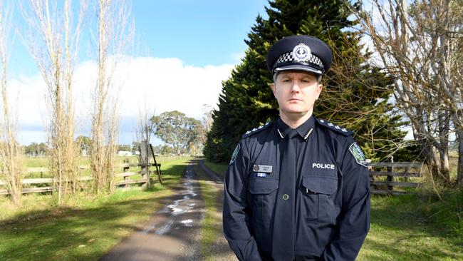 Inspector Campbell Hill at the entrance of the property at Mount McIntyre Road, Mount McIntyre where police say a double murder occurred. Picture: Tricia Watkinson