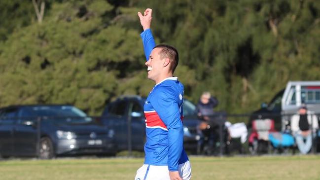 Sam Hilton-Joyce celebrates one of his seven first-half goals. Picture: St Paul's McKinnon club photographer.