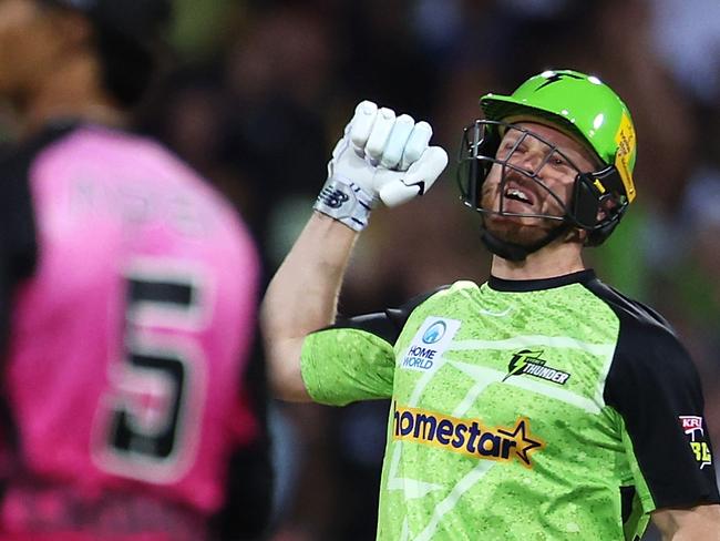 SYDNEY, AUSTRALIA - JANUARY 24: Nathan McAndrew of the Thunder celebrates victory during the BBL The Challenger match between Sydney Sixers and Sydney Thunder at Sydney Cricket Ground on January 24, 2025 in Sydney, Australia. (Photo by Mark Kolbe Photography/Getty Images)