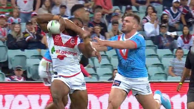 Sydney Roosters' Daniel Tupou was put on report for this high shot on Mikaele Ravalawa.