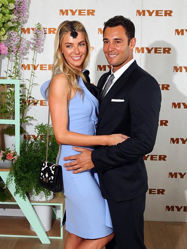 2012 Melbourne Cup: Jennifer Hawkins and Jake Wall in the Myer Marquee at Flemington racecourse. Picture: News Corp