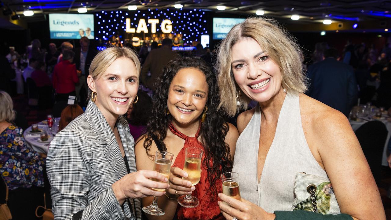 At the Legends at their Game luncheon are (from left) Amy Willis, Anna Sillett and Amanda Thurbin hosted by Toowoomba Hospital Foundation at Rumours International, Friday, May 5, 2023. Picture: Kevin Farmer