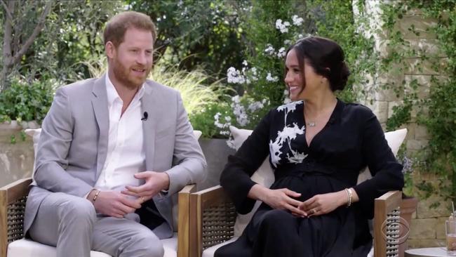 Prince Harry and Meghan Markle during their interview with Oprah Winfrey. Picture: CBS