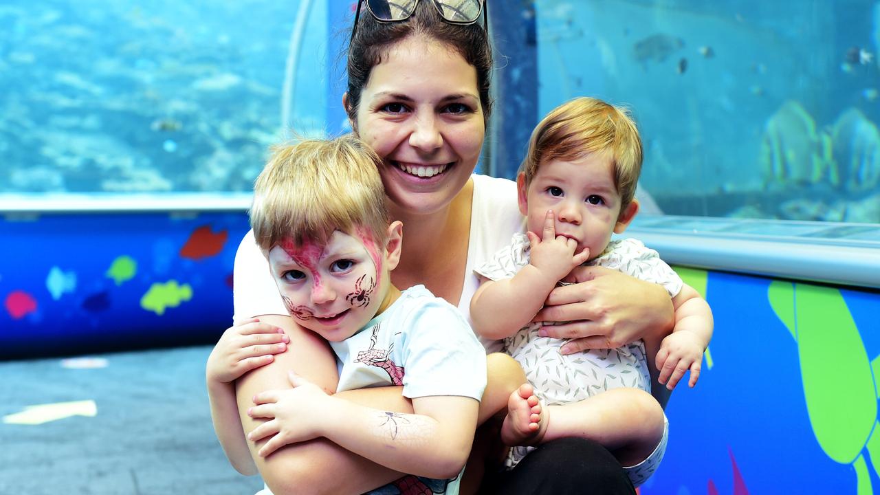 Reef HQ Aquarium's farewell party before they close for renovations. Karina Farrell with Archer 3 and Elliot 7m. Picture: Alix Sweeney