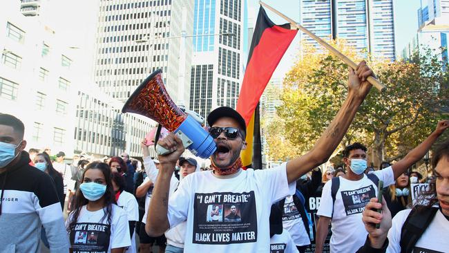 Protesters at Town Hall during the Black Lives Matter protest march in Sydney. Picture: Lisa Maree Williams/Getty Images