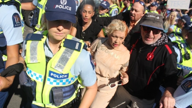 Controversial anti-transgender activist Kellie-Jay Keen-Minshull has been forced to cut short her women's rally after she was swarmed by an angry crowd. Picture: Dylan Reeve.