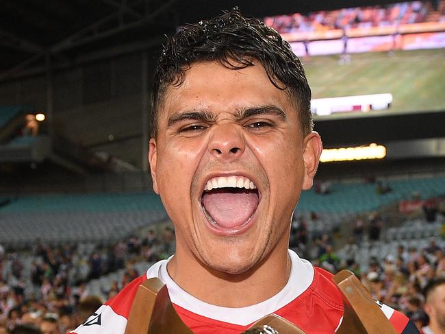 Latrell Mitchell of the Roosters celebrates following their win in the 2019 NRL Grand Final between the Canberra Raiders and the Sydney Roosters at ANZ Stadium in Sydney, Sunday, October 6, 2019. (AAP Image/Dan Himbrechts) NO ARCHIVING, EDITORIAL USE ONLY