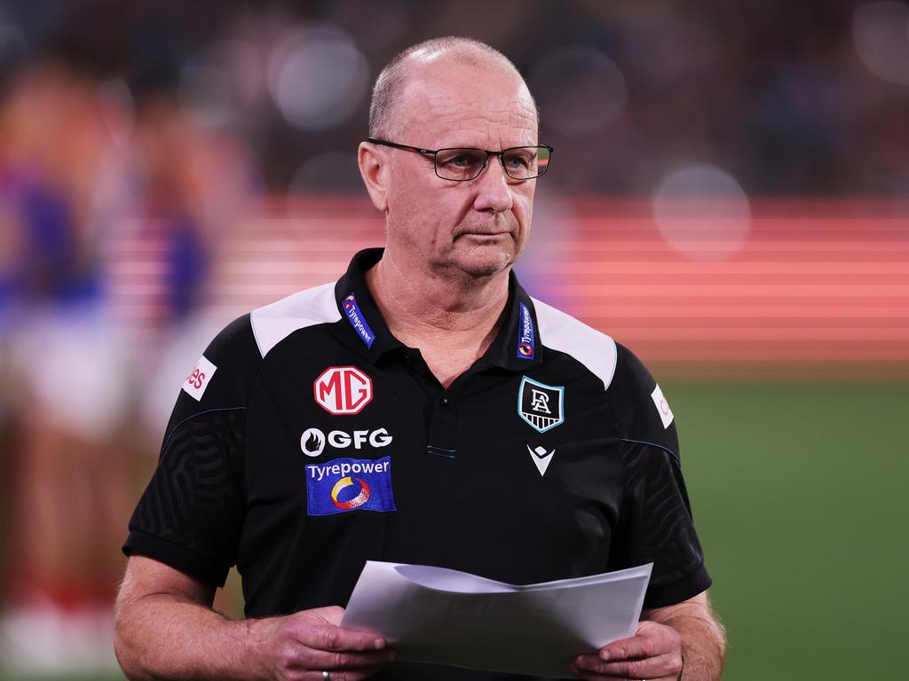 Ken Hinkley and the Power weren’t able to overcome Melbourne on Saturday night. Picture: James Elsby/AFL Photos via Getty Images.