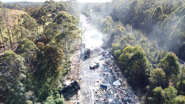 Emergency services rushed to the Pacific Highway at Thrumster about 3.30am Friday following reports two trucks had crashed. NSW Police has confirmed there both drivers died at the scene. Picture: Frank Redward