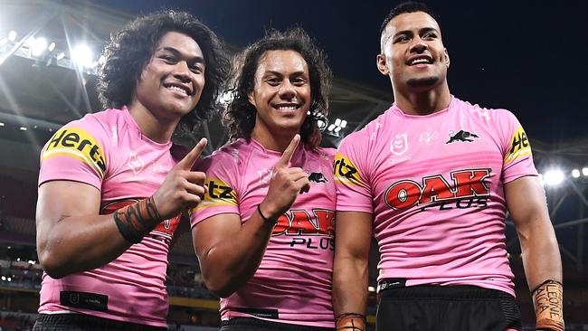 Panthers stars Brian To’o, left, and Stephen Crichton, right, are among a host of NRL stars up for grabs from November 1. Picture: Bradley Kanaris/Getty Images