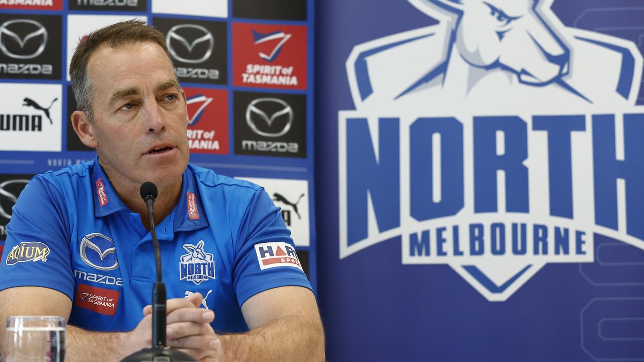 Alastair Clarkson speaks to the media. Photo by Darrian Traynor/Getty Images