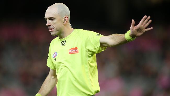 Umpire Mathew Nicholls took issue with being called a bald headed flog. Picture: Michael Klein