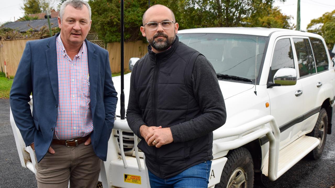 Mark Abra and David Janetzki MP with Mr Abra's Toyota LandCruiser which taken on a 10-hour joy ride.