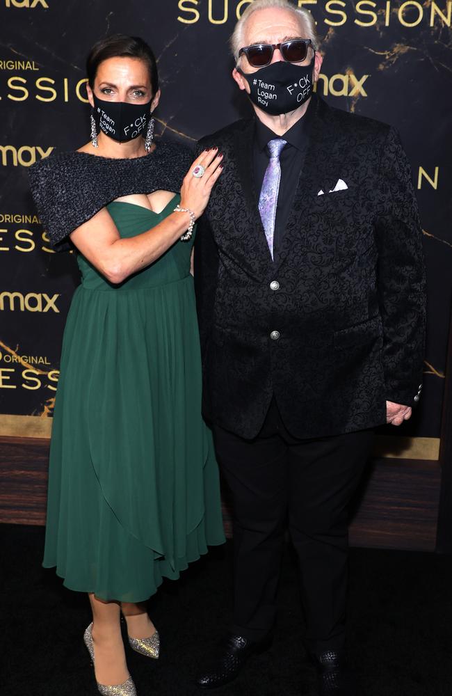 Nicole Ansari-Cox and Brian Cox wear matching masks at the premiere in New York. Picture: Theo Wargo/Getty Images