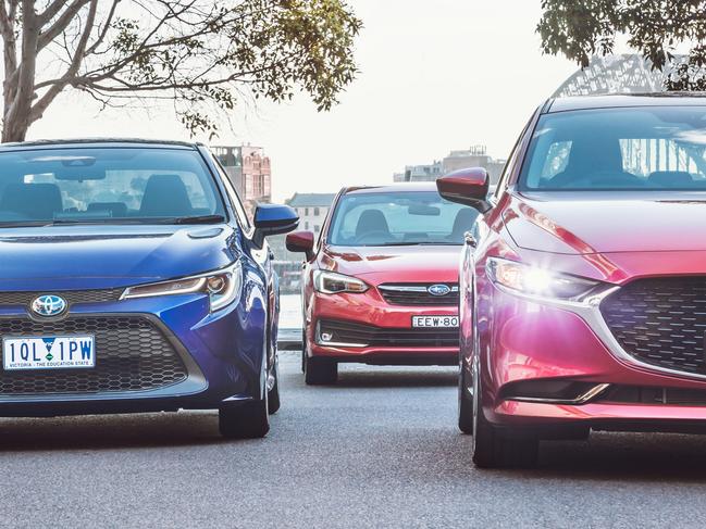 Photo of comparison test between Mazda3 sedan, Toyota Corolla sedan and Subaru Impreza sedan. Picture: Thomas Wielecki.