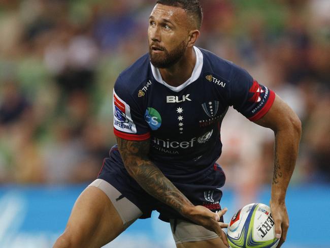 Quade Cooper of the Rebels passes the ball during the Round 3 Super Rugby match between the Melbourne Rebels and the Highlanders at AAMI Park in Melbourne, Friday, March 1, 2019. (AAP Image/Daniel Pockett) NO ARCHIVING, EDITORIAL USE ONLY