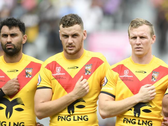 (L-R) Alex Johnston, North Queensland Cowboys player Zac Laybutt with brother Kyle Laybutt of the Townsville Blackhawks and Rhyse Martin for Papua New Guinea during the 2023 Pacific Championship. Picture: NRL Imagery