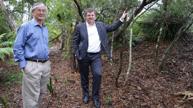 Dick Smith, left, made Andrew Penfold’s day when he tipped $1 million into the AIEF fund to educate Aboriginal children. Picture: Renee Nowytarger