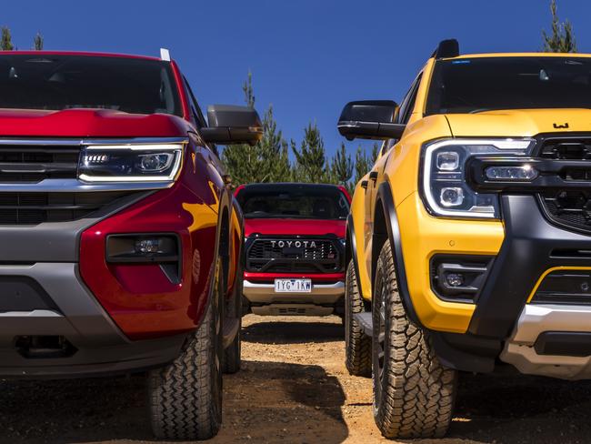 2023 Toyota HiLux GR, Ford Ranger Wildtrak X, Volkswagen Amarok PanAmericana comparison test. Photo: Mark Bean