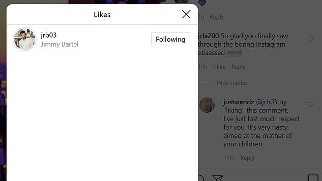 The ‘like’ in question by Bartel’s Instagram account, via Daily Mail.