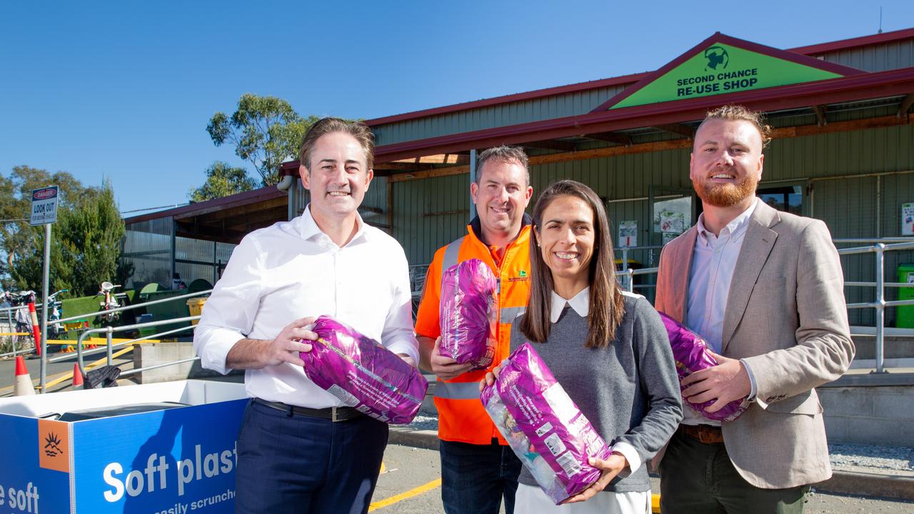 Mayor of Clarence City Council Brendan Blomeley with Operations manager of Mornington Park Waste Transfer Station Bruce Oates, Clarence City Councillor Bree Hunter, and Manager of Waste and Sustainability Micheal Young at Mornington Waste Transfer station with some soft plastics ready for recycling. Picture: Linda Higginson