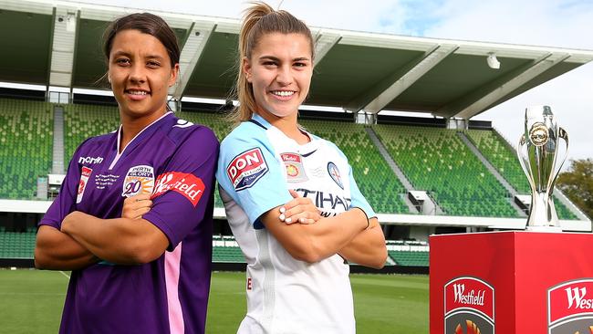 Samantha Kerr of Perth Glory and Steph Catley of Melbourne City.