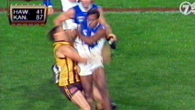 TV footage of Byron Pickett crashing into Brendan Krummel in 1999. Picture: Channel 7