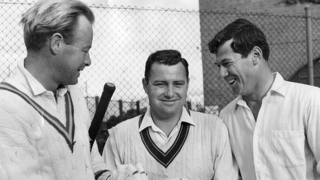 Jarman, centre, with SA cricketers Ian McLachlan and Neil Hawke at the Adelaide Oval practice nets in 1963.