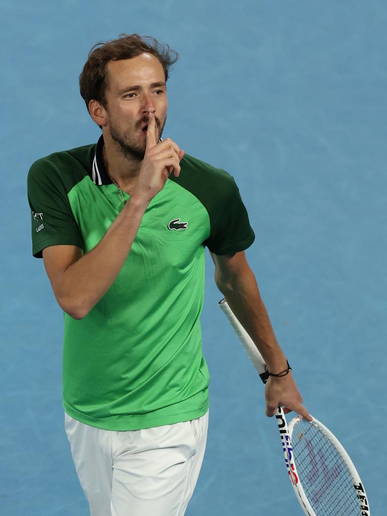 Daniil Medvedev celebrates winning match point in their Semifinal singles match against Alexander Zverev of Germany. Picture: Darrian Traynor/Getty Images.