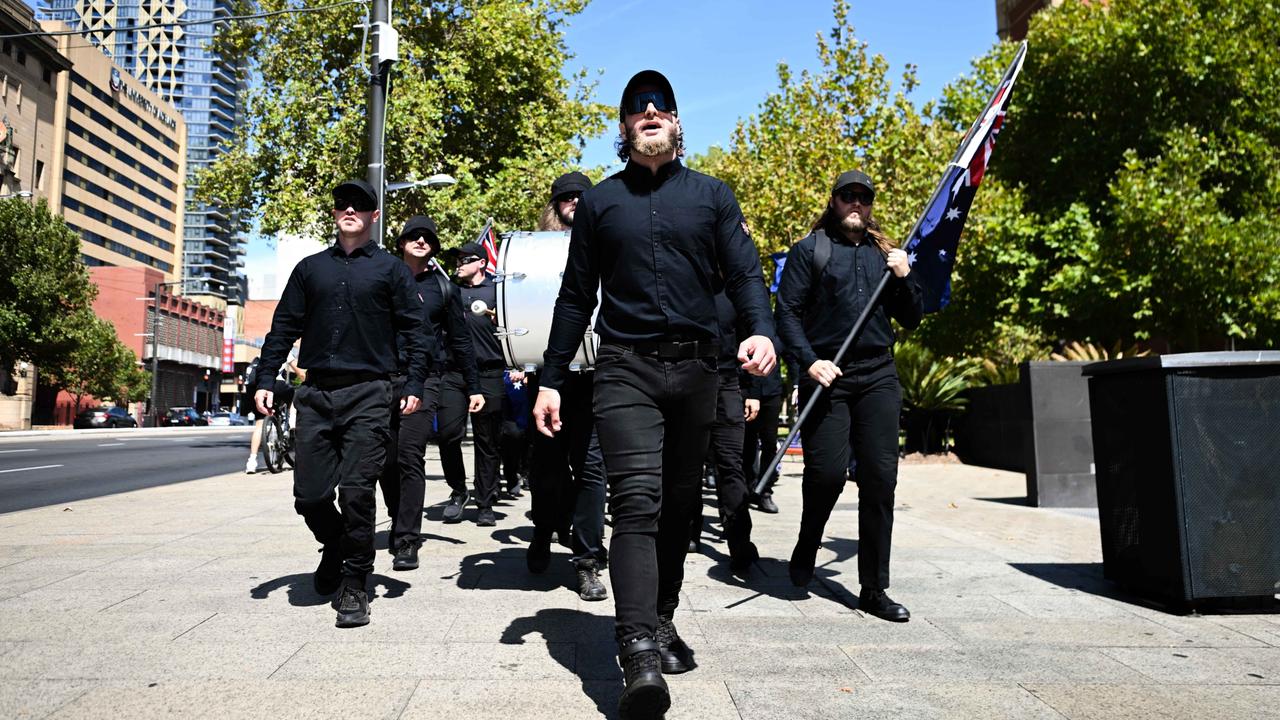 Members of the National Socialist Network during their ‘counter-protest’ on North Terrace. Picture: Tracey Nearmy/Getty