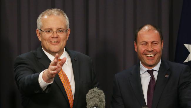 Scott Morrison and Josh Frydenberg announce new leadership challenge rules in Canberra yesterday. Picture: Gary Ramage