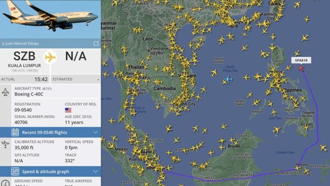 The flight path of the US Air Force jet that carried US Speaker Nancy Pelosi to Taipei. Picture: Flightradar24