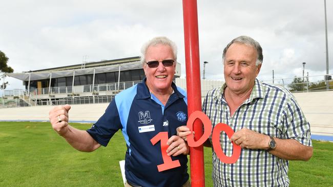 Club Legends Peter Dabinett and Ian Carter pose for a photo at the Edwardstown Footy Club. The club marks its 100th year this season - and will kick off the year in a new-look home. Picture: AAP/Keryn Stevens