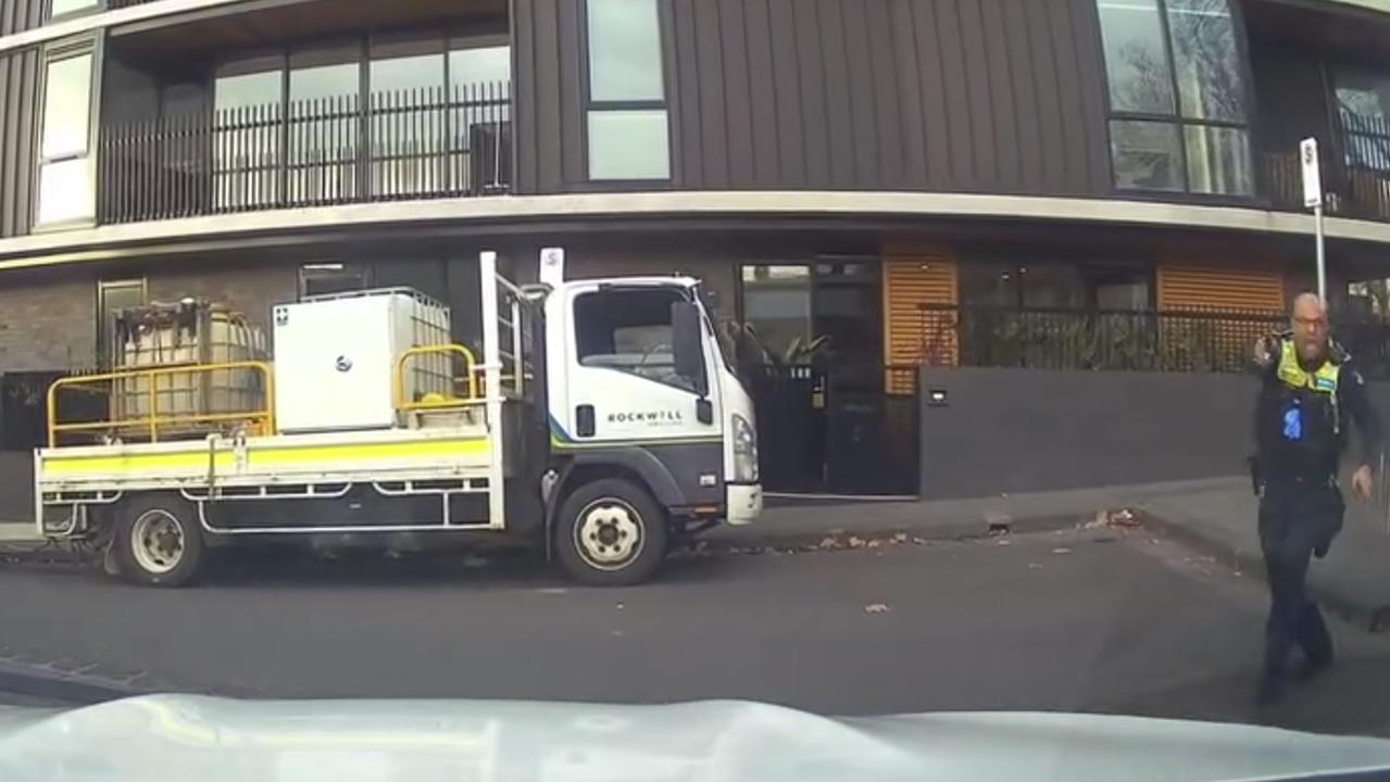 Dashcam footage has captured an alleged wild police chase through Parkville in Melbourne, beginning with police attempting to stop the allegedly stolen vehicle in a car park. Picture: Dash Cam Owners Australia Facebook