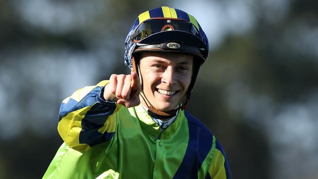 SYDNEY, AUSTRALIA - MARCH 30: Dylan Gibbons riding Kalapour returns to scale after winning Race 8 The KIA Tancred Stakes during Sydney Racing at Rosehill Gardens on March 30, 2024 in Sydney, Australia. (Photo by Jason McCawley/Getty Images) (Photo by Jason McCawley/Getty Images)