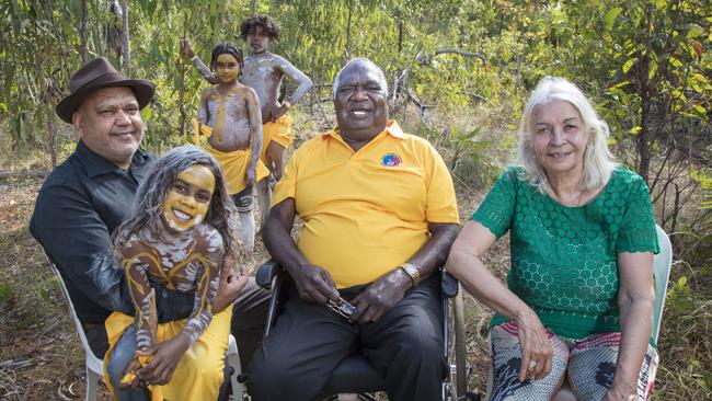 Yunupingu with Noel Pearson and Marcia Langton at the Garma Festival in 2019. Picture: Melanie Faith Dove/Yothu Yindi Foundation