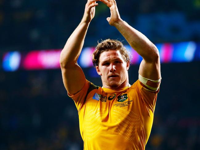 LONDON, ENGLAND - OCTOBER 03: Michael Hooper of Australia celebrates victory after the 2015 Rugby World Cup Pool A match between England and Australia at Twickenham Stadium on October 3, 2015 in London, United Kingdom. (Photo by Shaun Botterill/Getty Images)