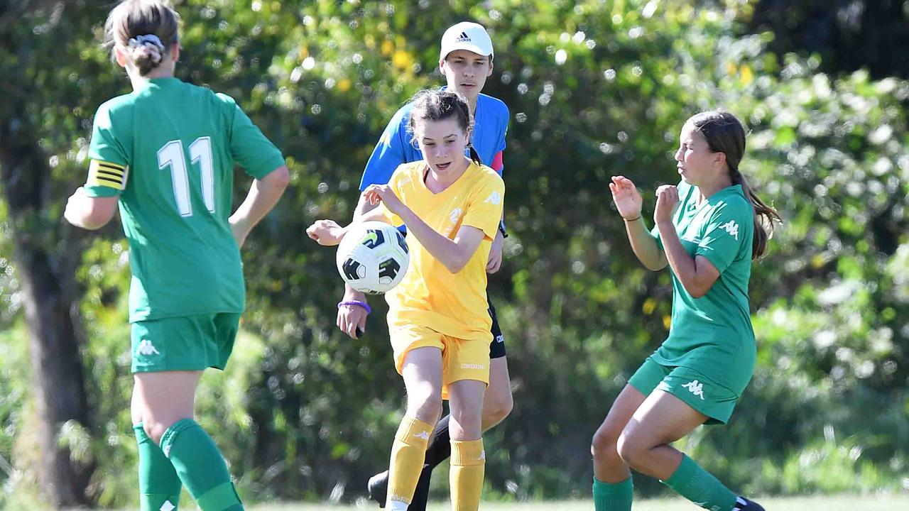 Football Queensland Community Cup carnival, Maroochydore. U13-14 girls, Sunshine Coast V Darling Downs. Picture: Patrick Woods.