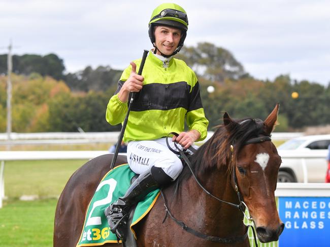 Arassem ridden by Braidon Small returns to the mounting yard after the running of the bet365 Top Tote Plus Maiden Highweight at Kyneton Racecourse on April 11, 2024 in Kyneton, Australia. (Photo by Pat Scala/Racing Photos via Getty Images)