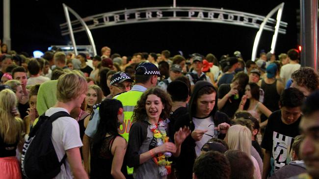 Schoolies party hard on the Gold Coast in 2018. The annual event is in doubt following new community Covid cases on the Gold Coast. Picture: Marc Robertson