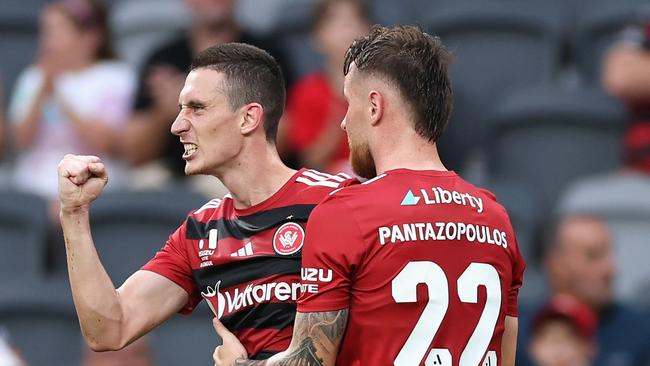 SYDNEY, AUSTRALIA - MARCH 02: Bozhidar Kraev of the Wanderers celebrates kicking a goal during the round 21 A-League Men match between Western Sydney Wanderers and Perth Glory at CommBank Stadium, on March 02, 2025, in Sydney, Australia. (Photo by Cameron Spencer/Getty Images)