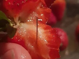 Pins found inside strawberries. Picture: Chantal Faugeras/Facebook