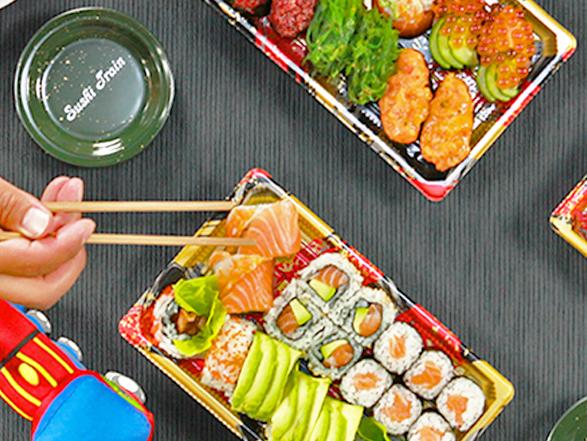 Sushi train takeaway flat lay