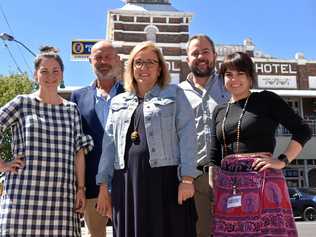 THINK LOCAL: Tahnee Holland from Gifts at Teacup, Greg Latta from the  Western Star , Gabby Barron from Gretel Lane, Maranoa Regional councillor Cameron O'Neil and Sharni Beck from Loot announce the Christmas parade's return. Picture: Ellen Ransley