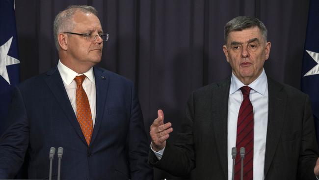 Prime Minister Scott Morrison with Australia’s Chief Medical Officer Professor Brendan Murphy. Picture: Gary Ramage