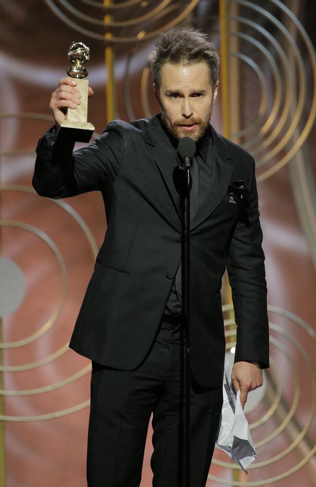 Sam Rockwell accepts the award for Best Performance by an Actor in a Supporting Role in a Motion Picture for Three Billboards Outside Ebbing, Missouri during the 75th Annual Golden Globe Awards. Picture: Getty