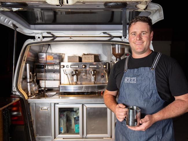 Owner of Midnight Espresso and barista Liam Kearney, 37 with his coffee van. Picture: Ben Clark