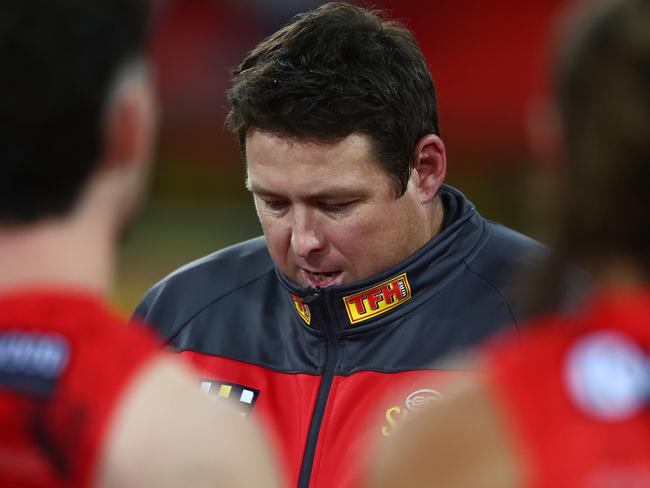 GOLD COAST, AUSTRALIA - JULY 01: Suns head coach Stuart Dew during the round 16 AFL match between Gold Coast Suns and Collingwood Magpies at Heritage Bank Stadium, on July 01, 2023, in Gold Coast, Australia. (Photo by Chris Hyde/AFL Photos/via Getty Images)