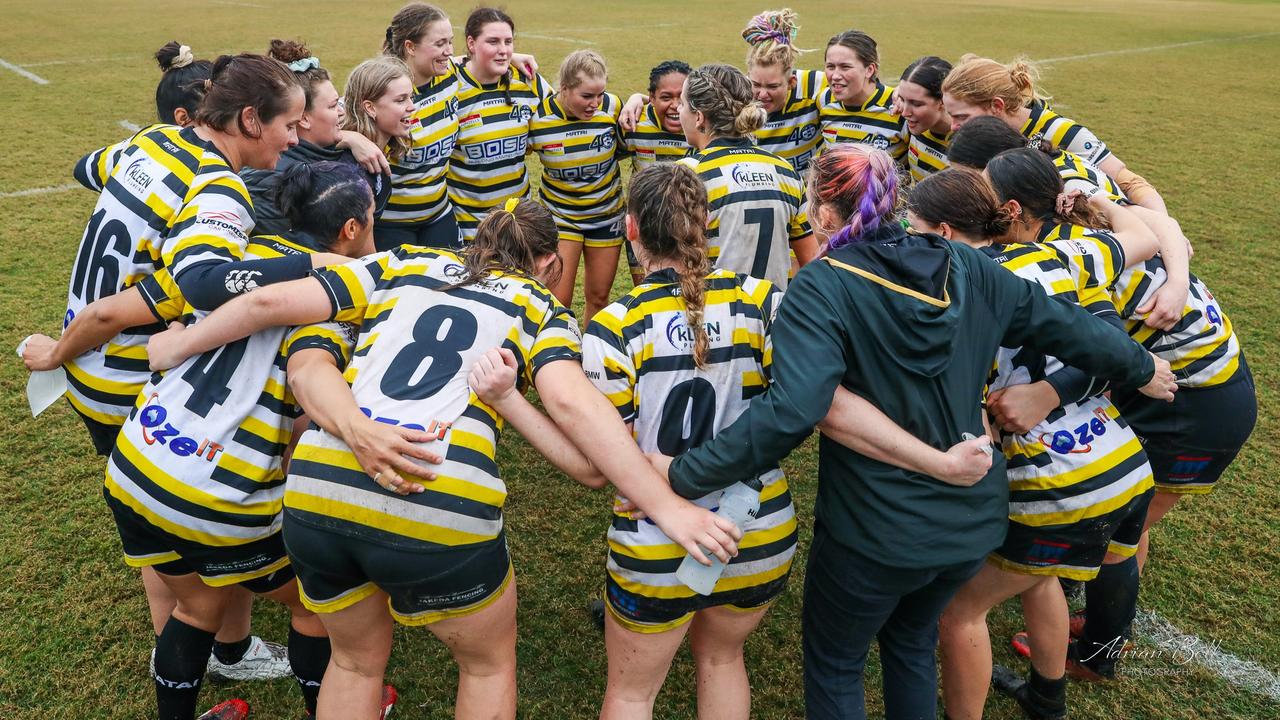 Caloundra rugby union senior women celebrate a win. Picture: Adrian Bell Photography