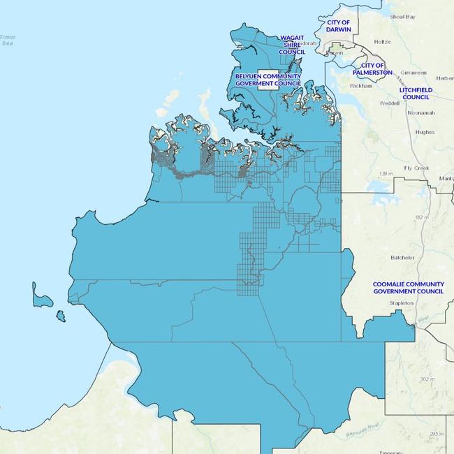 The Cox-Daly region (in blue) is currently an unincorporated area, meaning it is not within any local government. Map: NT Government